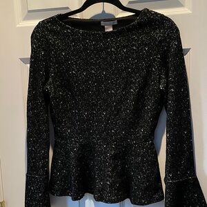 H&M Black White Speckled Peplum Top Long Bell Sleeve Women’s Size S